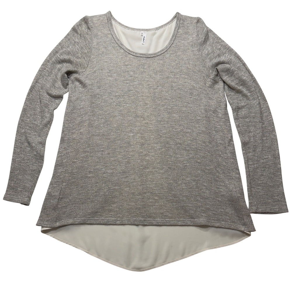 Studio Y Medium Metallic Knit Layered Hem Top Gray Gold Shimmer Hi Low Blouse